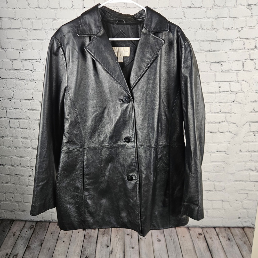 Worthington Womens Black Genuine Leather Blazer Jacket XL Nappa Leather 3 Button